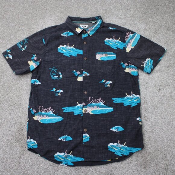 Vissla Waikikooks Shirt Mens XL Black/Blue Beach Print Cotton/Viscose S/S Button - Picture 1 of 14